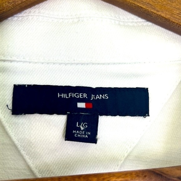 Hilfiger Jeans - White Fringe Gold Button Down Long Sleeve Jean Jacket Size LG - Picture 10 of 12